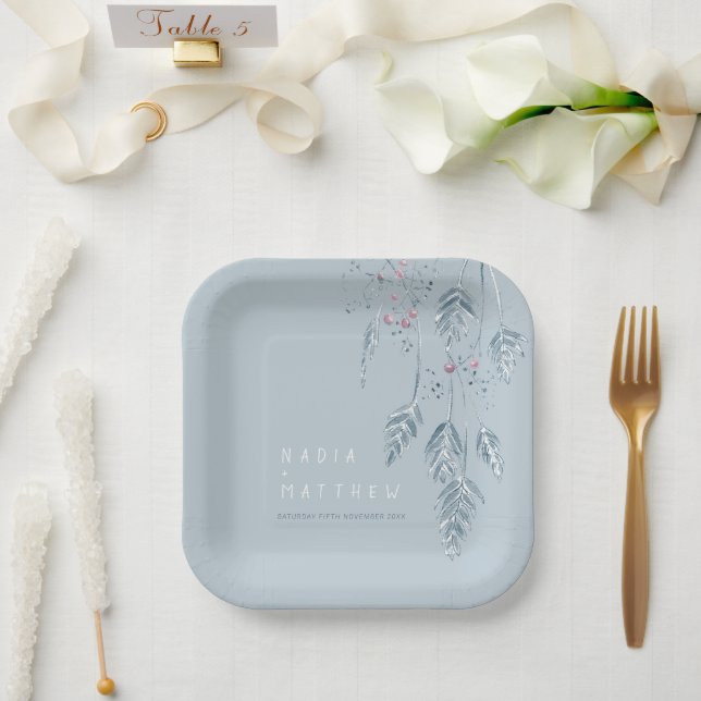 Assiettes En Carton Berries à herbes croisées mariage bleu poussiéreux (Mariage)
