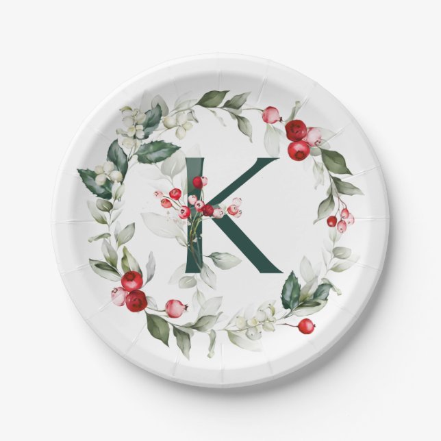Assiettes En Carton Berries d'hiver Monogramme K Plaque de papier (Devant)