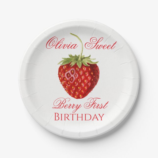 Assiettes En Carton Berry First Strawberry Birthday Name Party (Devant)