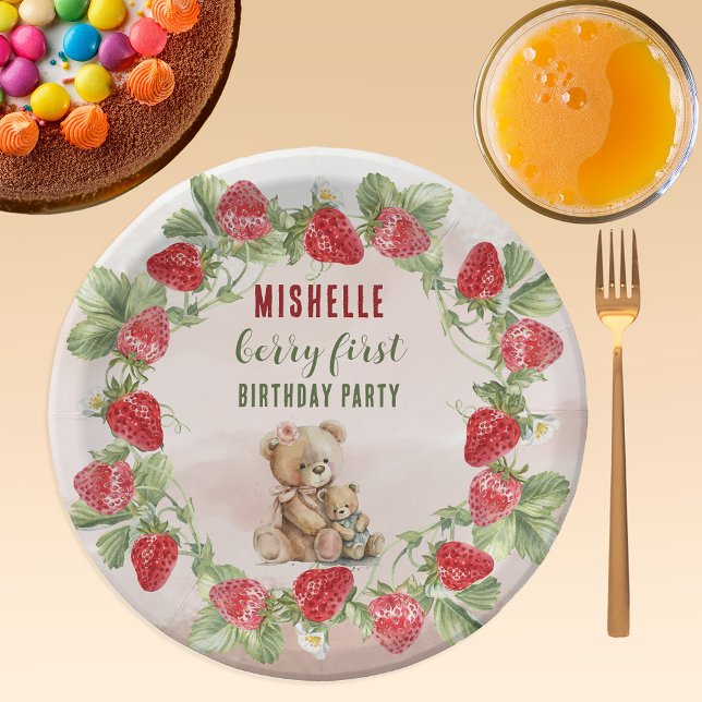Assiettes En Carton Berry First Strawberry et Bear Anniversaire (Créateur téléchargé)