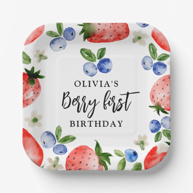 Assiettes En Carton Berry First Strawberry et Blueberry Anniversaire (Recto)
