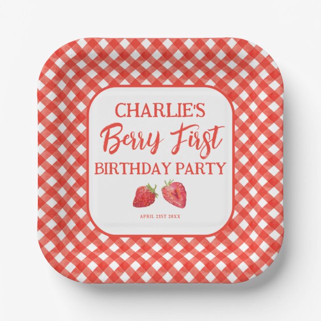 Assiettes En Carton Berry First Strawberry Girl 1er anniversaire fête (Recto)