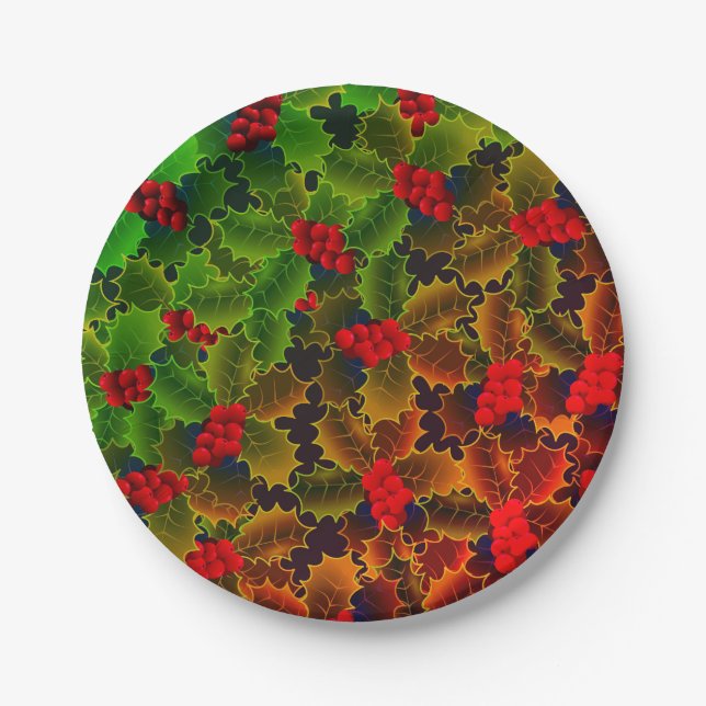 Assiettes En Carton Berry Holly et feuille brillant hiver rouge vert (Devant)