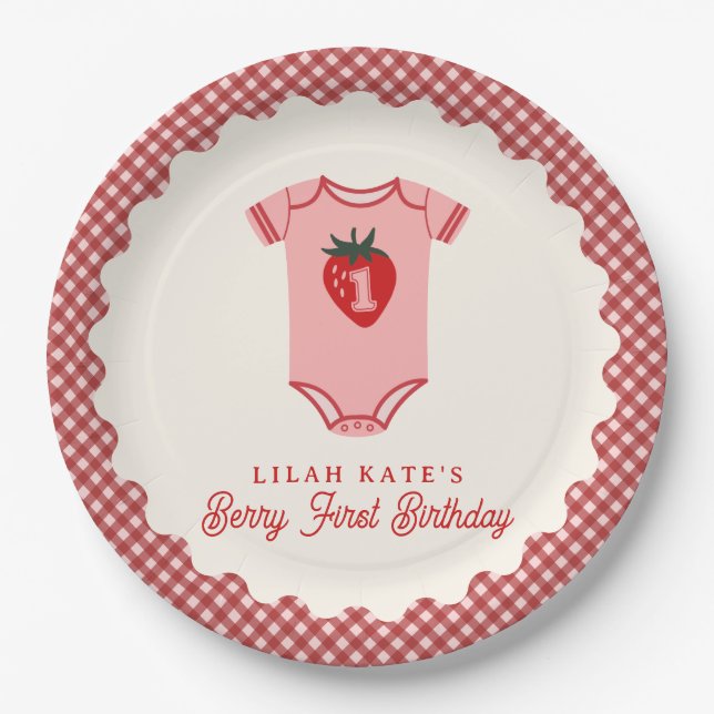 Assiettes En Carton Berry Premier Anniversaire Boiserie fraise (Devant)