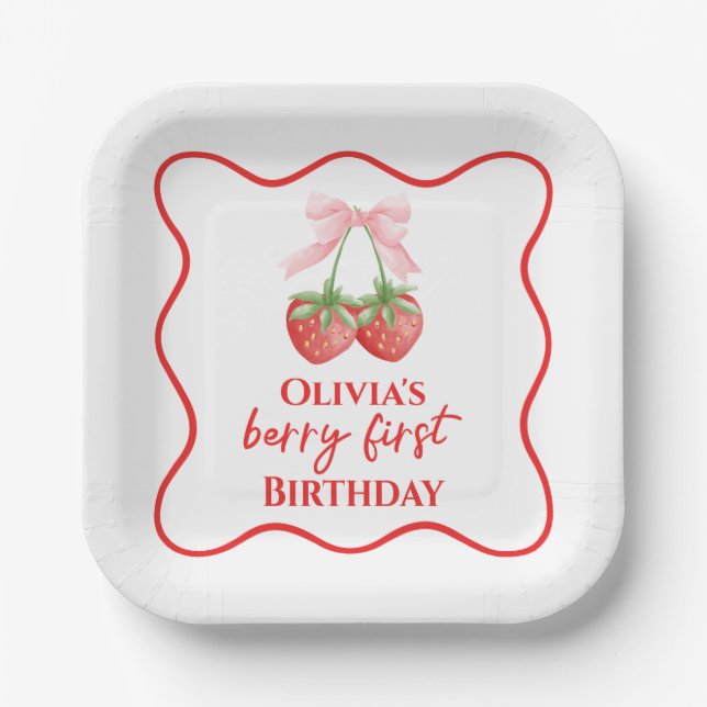 Assiettes En Carton Berry premier anniversaire de fraise Bow rose (Recto)