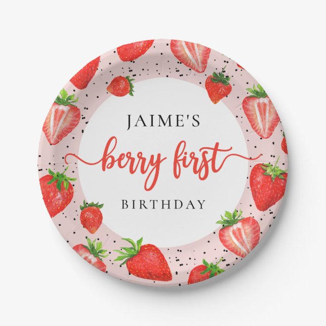 Assiettes En Carton Berry Premier anniversaire | fraise 1er anniversai (Devant)