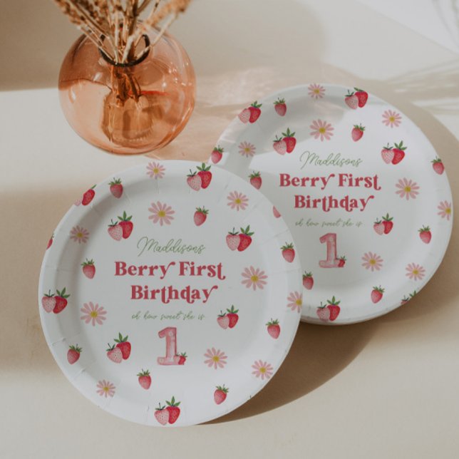 Assiettes En Carton Berry rose et rouge Premier Anniversaire de fraise (Berry First Birthday Paper Plates)