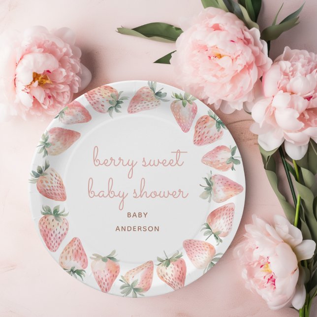 Assiettes En Carton Berry Sweet Baby shower Strawberry Party (Berry sweet baby shower paper plate with cute watercolor strawberry illustrations)