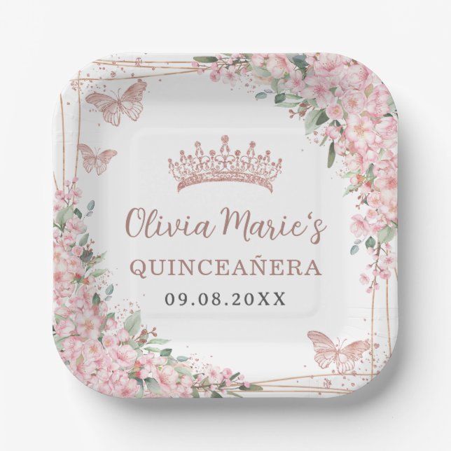 Assiettes En Carton Beurre d'or Rose de fleurs de cerisiers Quinceaner (Recto)