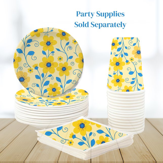 Assiettes En Carton Beurre jaune et bleu floral (Butter Yellow and Blue Floral-Party Supplies-Plates Napkins and Cups)