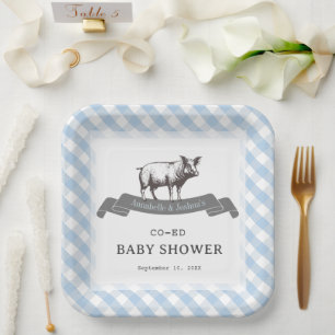 Assiettes En Carton Bibs & Ribs BBQ Rustique Bleu En vichy Baby shower