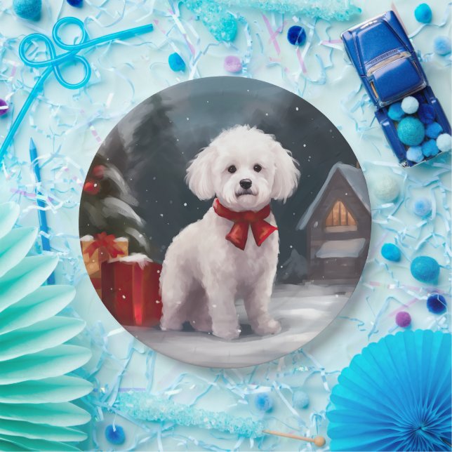 Assiettes En Carton Bichon Frise Dog à Noël de neige (Fête)