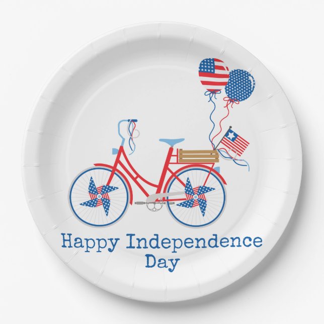 Assiettes En Carton Bicyclette blanc et bleu 4 juillet blanc rouge (Devant)