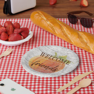 Assiettes En Carton Bienvenue Amis Citrouille Sur Plaques En Bois Pati