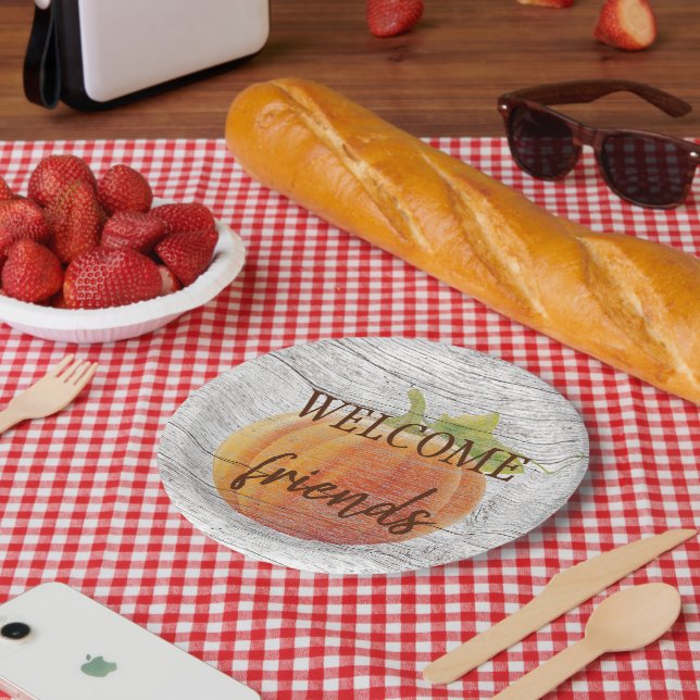 Assiettes En Carton Bienvenue Amis Citrouille Sur Plaques En Bois Pati (Pique-nique)