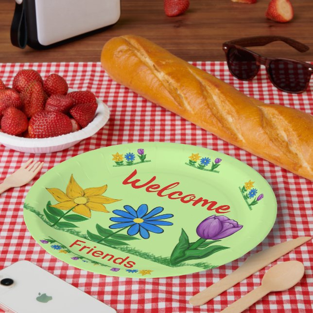 Assiettes En Carton Bienvenue Amis Fleurs Jardin Vert clair (Pique-nique)