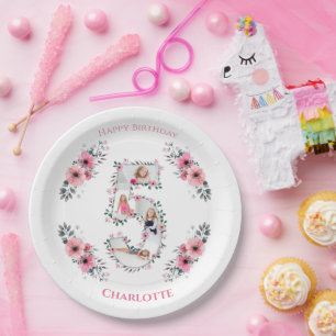 Assiettes En Carton Big 5th Birthday Girl Photo Collage Fleur rose