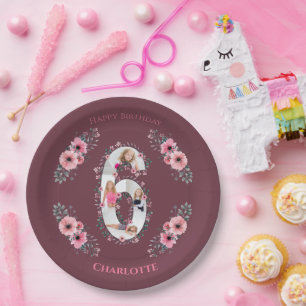 Assiettes En Carton Big 6th Birthday Girl Photo Collage Fleur rose