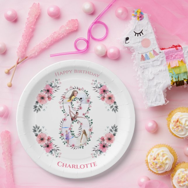 Assiettes En Carton Big 8th Birthday Girl Photo Collage Fleur rose (Fête)