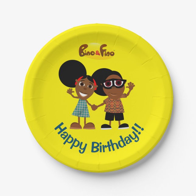 Assiettes En Carton Bino et Fino Anniversaire Plate Jaune (Devant)