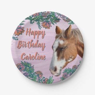Assiettes En Carton Birthday Flowers and Palomino Horse 