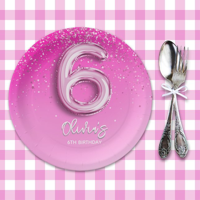 Assiettes En Carton Birthday Girl 6th - with Pink Ballon Number (Créateur téléchargé)