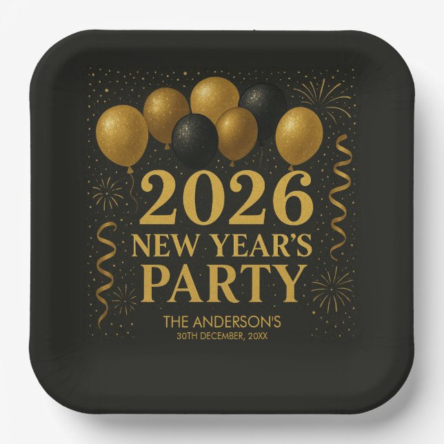 Assiettes En Carton Black And Gold 2026 New Year Party (Recto)