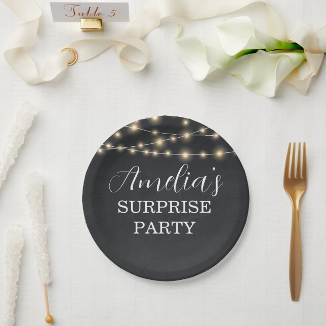 Assiettes En Carton Black and String Light Surprise Anniversaire (Mariage)