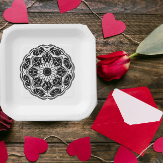 Assiettes En Carton  Black and white floral mandala square
