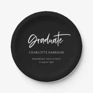 Assiettes En Carton Black and White Modern Script Graduation Party