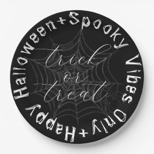 Assiettes En Carton Black and White Spider Web Modern Happy Halloween