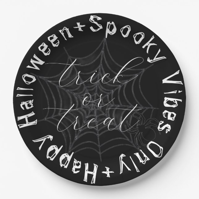 Assiettes En Carton Black and White Spider Web Modern Happy Halloween (Devant)