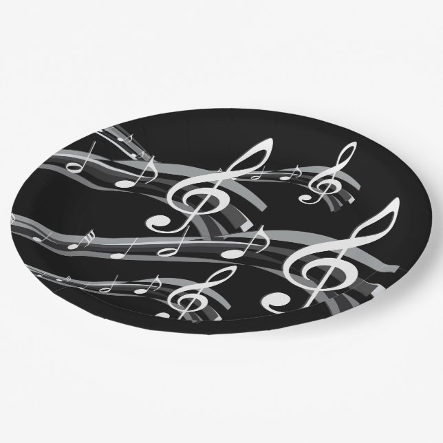 Assiettes En Carton Black and White Treble Clef (Angle)