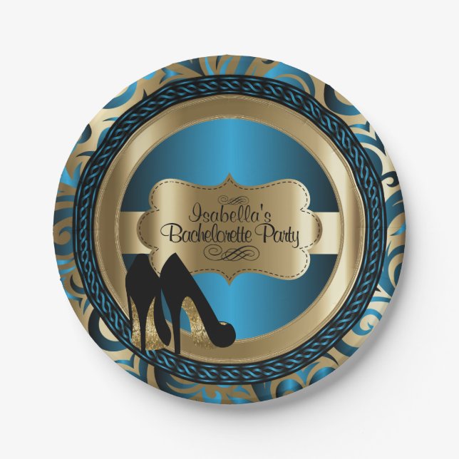 Assiettes En Carton Black, Blue & Gold Metallic - Bachelorette Party (Devant)