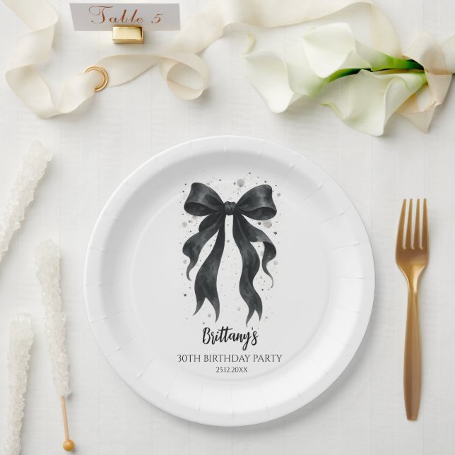 Assiettes En Carton Black Bow Modern 30th Birthday  (Mariage)