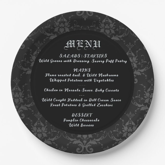 Assiettes En Carton Black Brocade Gothique Thème Mariage & Dîner Menu (Devant)