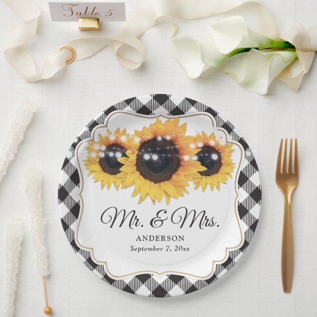 Assiettes En Carton Black Buffalo Plaid Sunflower M. et Mme Mariage (Mariage)