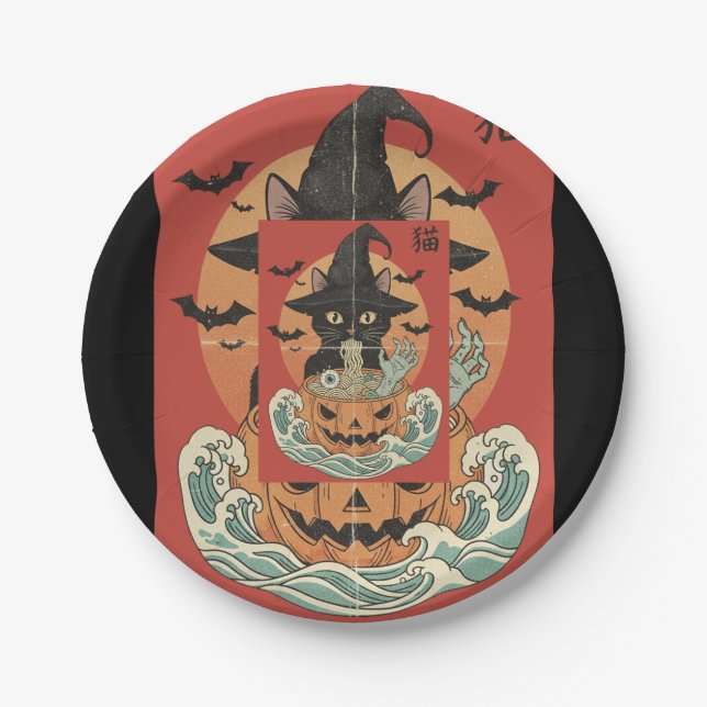 Assiettes En Carton Black cat mange ramen japonais pour Halloween (Devant)