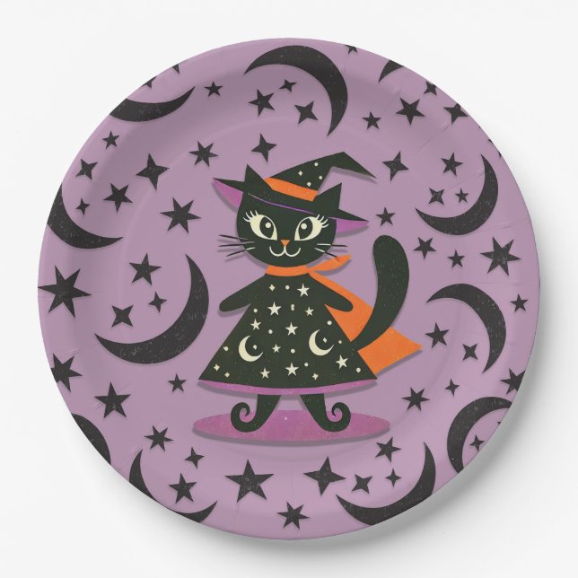 Assiettes En Carton Black Cat sorcière violette Lune Étoiles Halloween (Devant)
