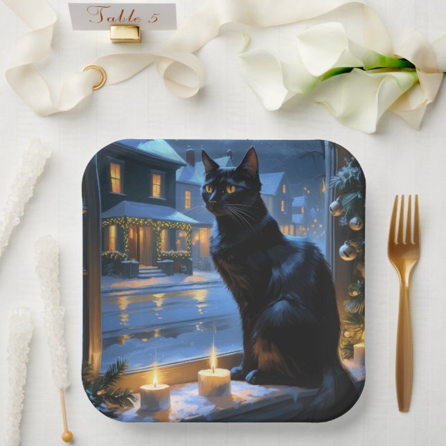 Assiettes En Carton Black Cat With Christmas Lights Holiday (Mariage)