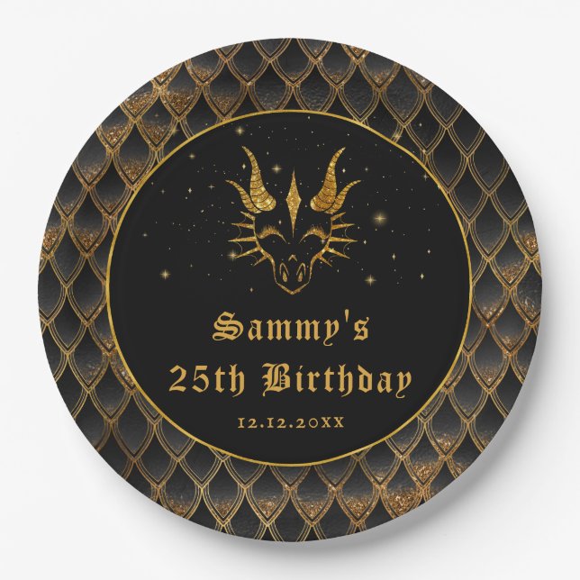 Assiettes En Carton Black Dragon Scales Gold Faux Parties scintillant  (Devant)