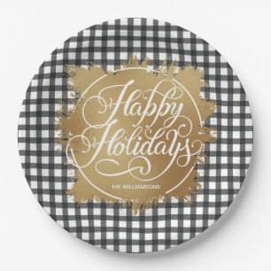 Assiettes En Carton Black En vichy Check Gold Faux Foil Holiday