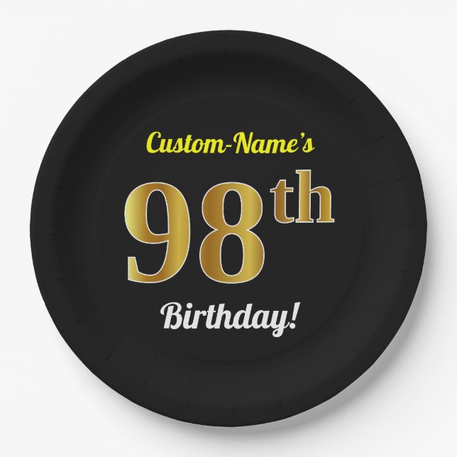 Assiettes En Carton Black, Faux Gold 98e anniversaire + Nom personnali (Devant)