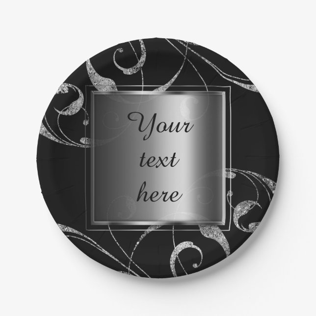 Assiettes En Carton Black & Faux Silver Glass Floral Swirl Élégant (Devant)