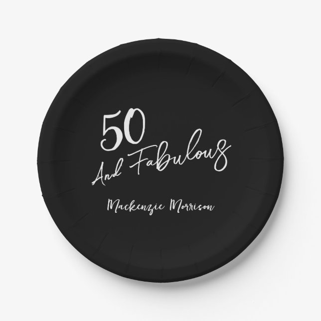 Assiettes En Carton Black Fifty and Fabulous Script Birthday (Devant)