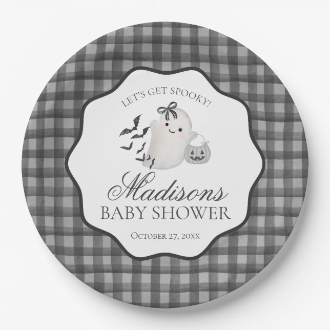 Assiettes En Carton Black Gingham Little Boo Ghost Baby Shower Dessert (Devant)