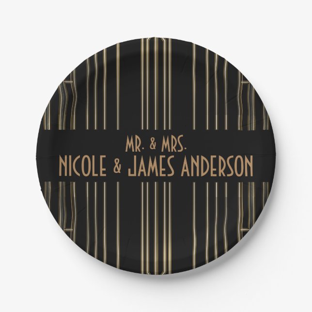Assiettes En Carton Black & Gold 20's Art Déco Gatsby Mariage personna (Devant)