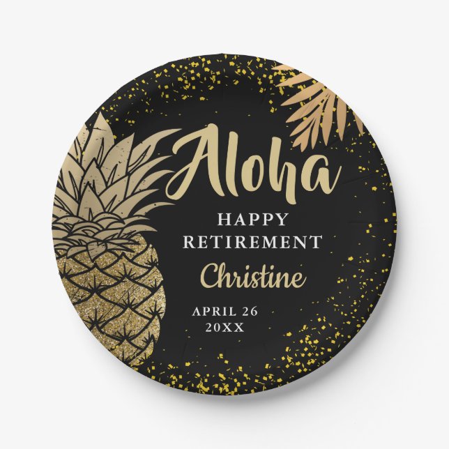Assiettes En Carton Black Gold Ananas Surprise Retraite Party (Devant)
