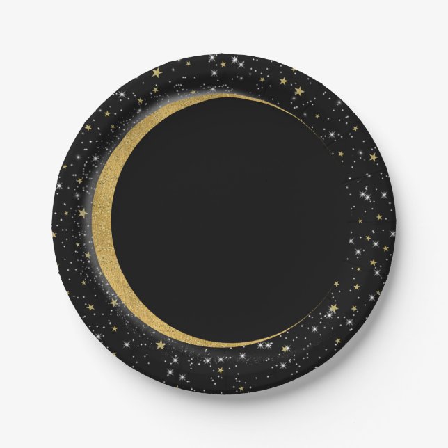 Assiettes En Carton Black & Gold Céleste Lune Étoiles Lunaire Magie (Devant)