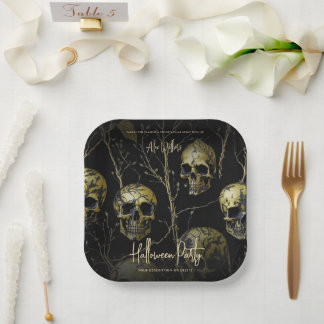 Assiettes En Carton Black Gold Crâne Moderne Adulte Halloween Party